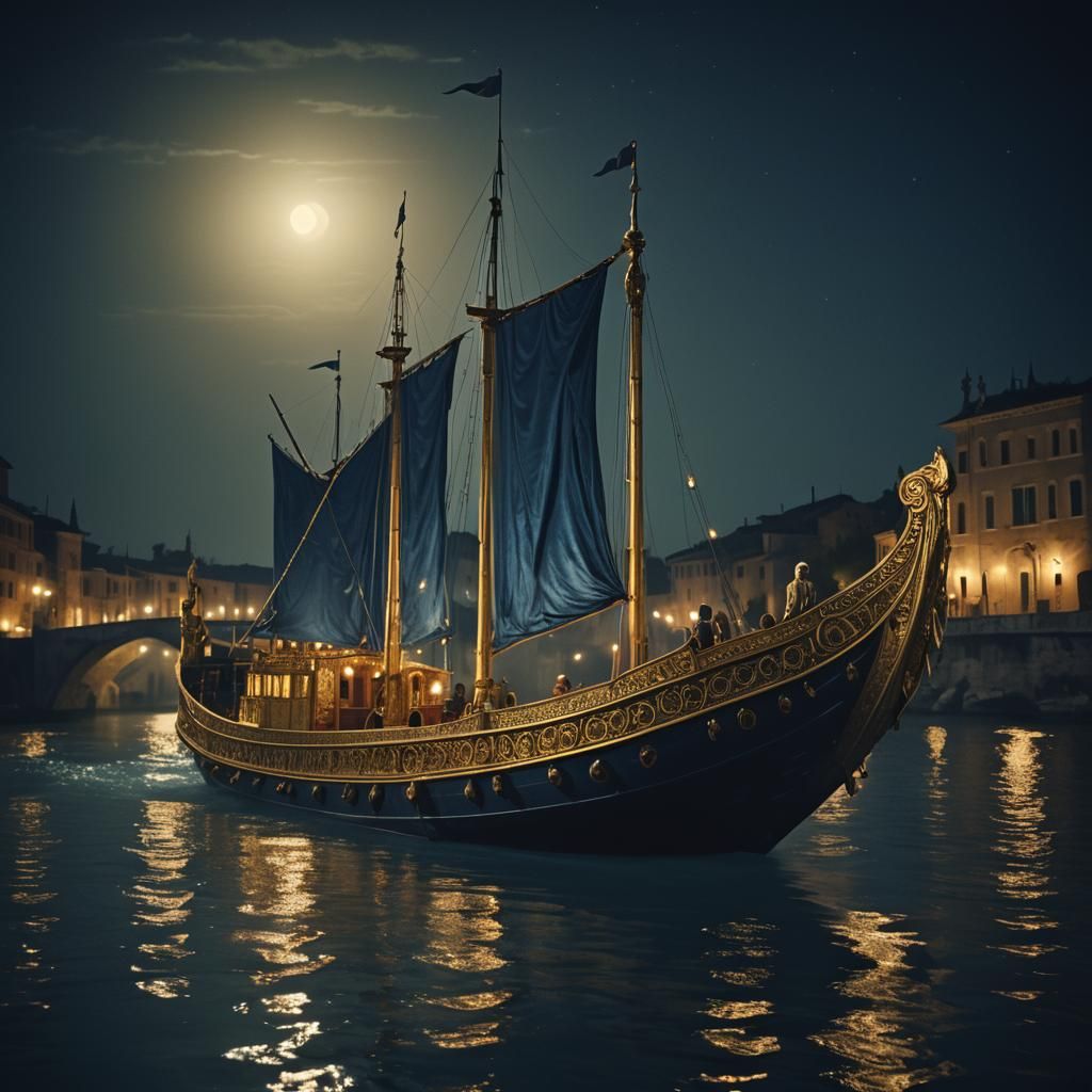 Ancient Roman luxury pleasure barge on a river and night blue sails, blue and gold 