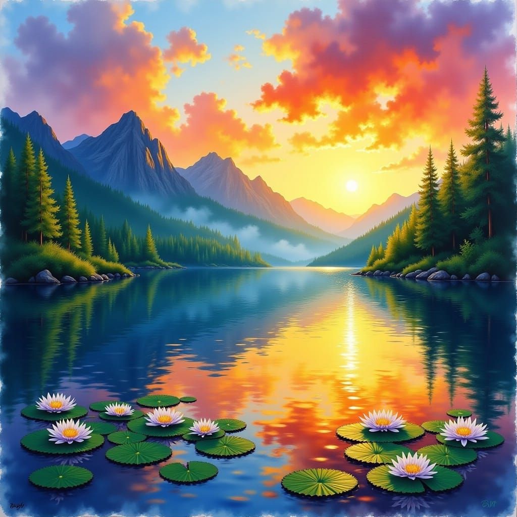 <lora:Watercolor Scenes:1.0> A beautiful watercolor scene of a lake at sunset, the scene has great detail, the scene has beautiful warm ligh...