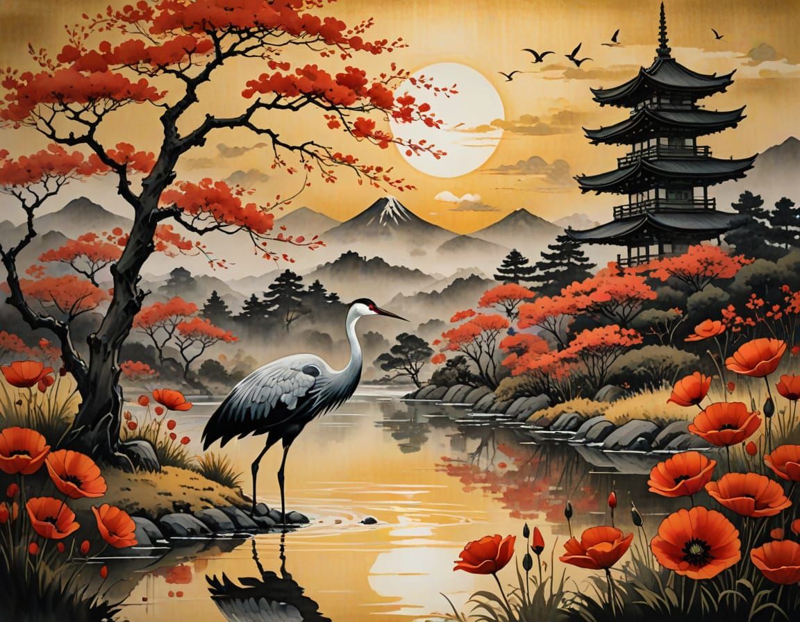 A Japanese ink wash painting (sumi-e) combined with traditional ukiyo-e style, depicting a serene landscape ...  by @MoonlitAura