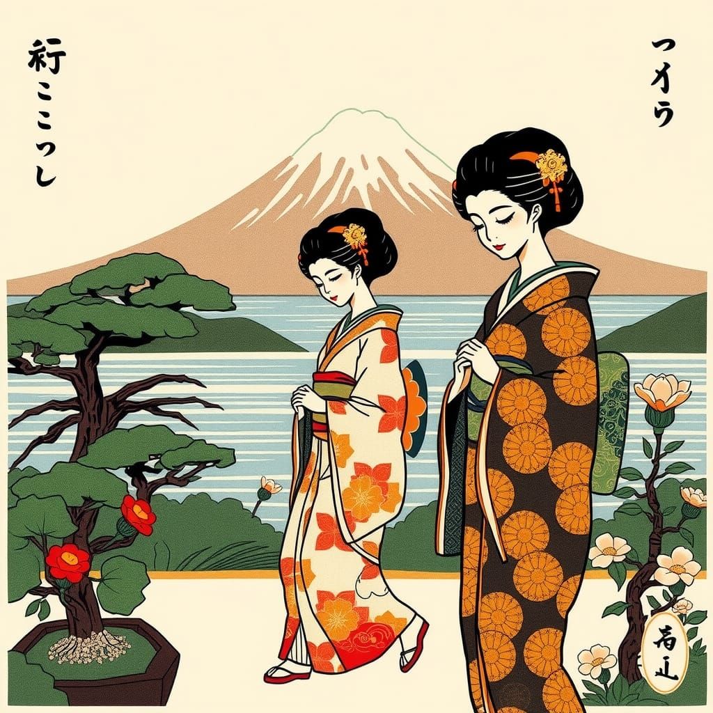 Ukiyo-e style, drawn on paper, with kanji letters, geishas i...