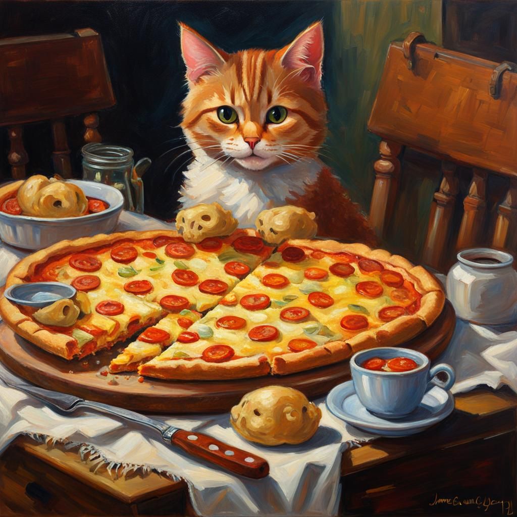 Cat eating Polish pizza with dumplings and extra chees. Pixa...