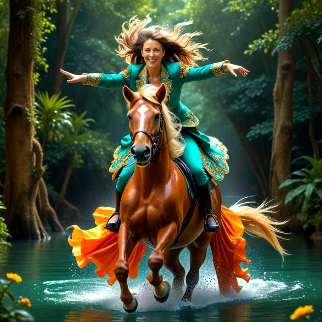 Charming Lady Rides Fantastic Pony in Vibrant Surreal Scene