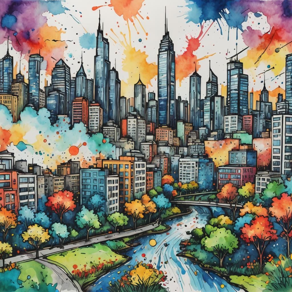 A doodle sketch art piece depicting An open landscape leading to a high rise city. Splashes of coloured ...  by @Llama Rich