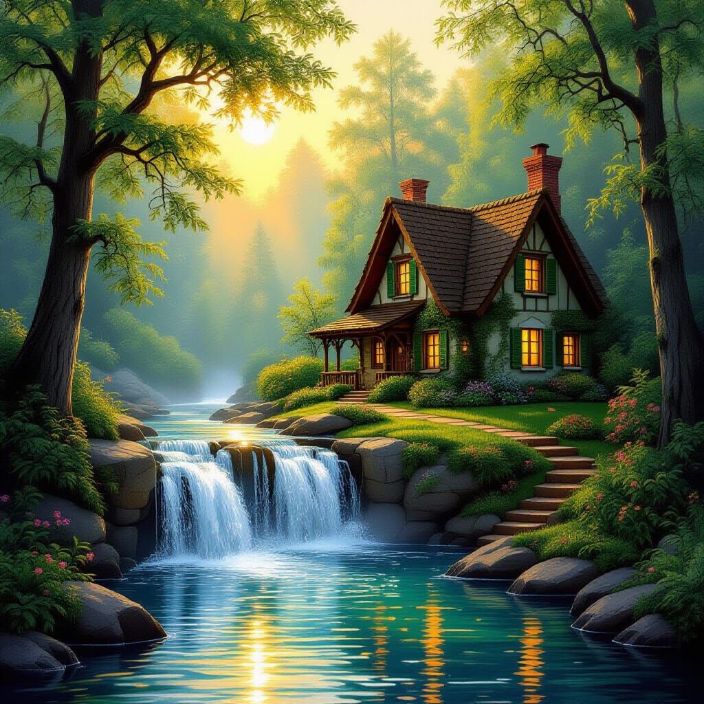 Cozy Cottage Waterfall in Golden Hour Forest