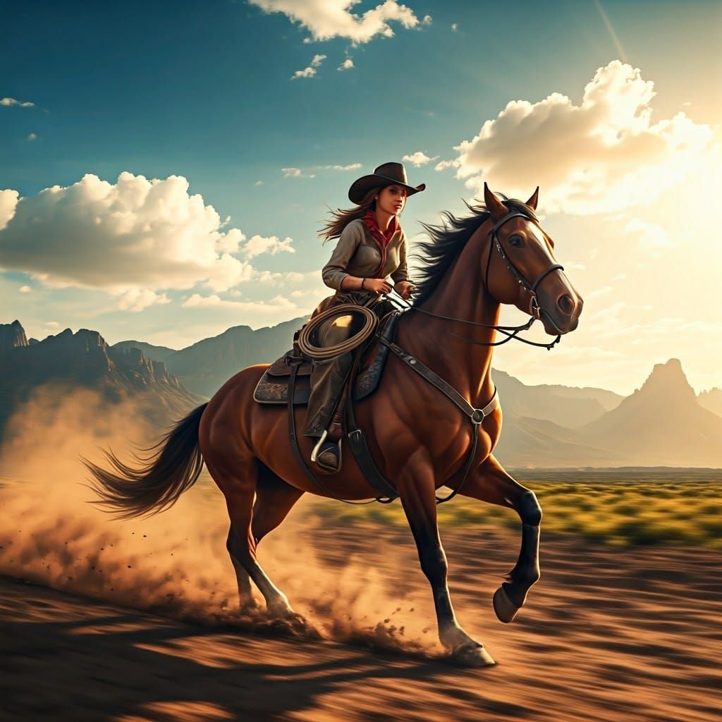 Cowgirl In Full Speed, Turning Her Horse Dramatically In A C...