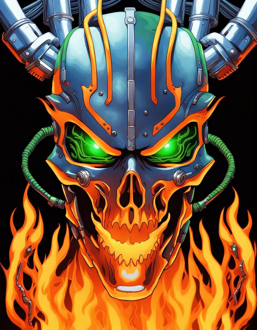 cyber demon with flames around a skull with a chrome helmet ...