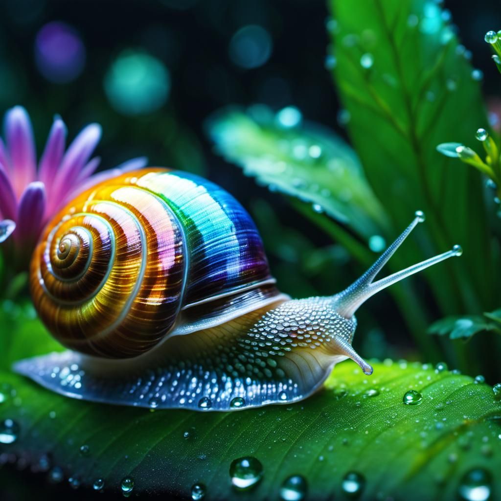 Dew drops on the shell of a prismatic snail within a Botanical garden, bioluminescence flowers lighting the background. ...