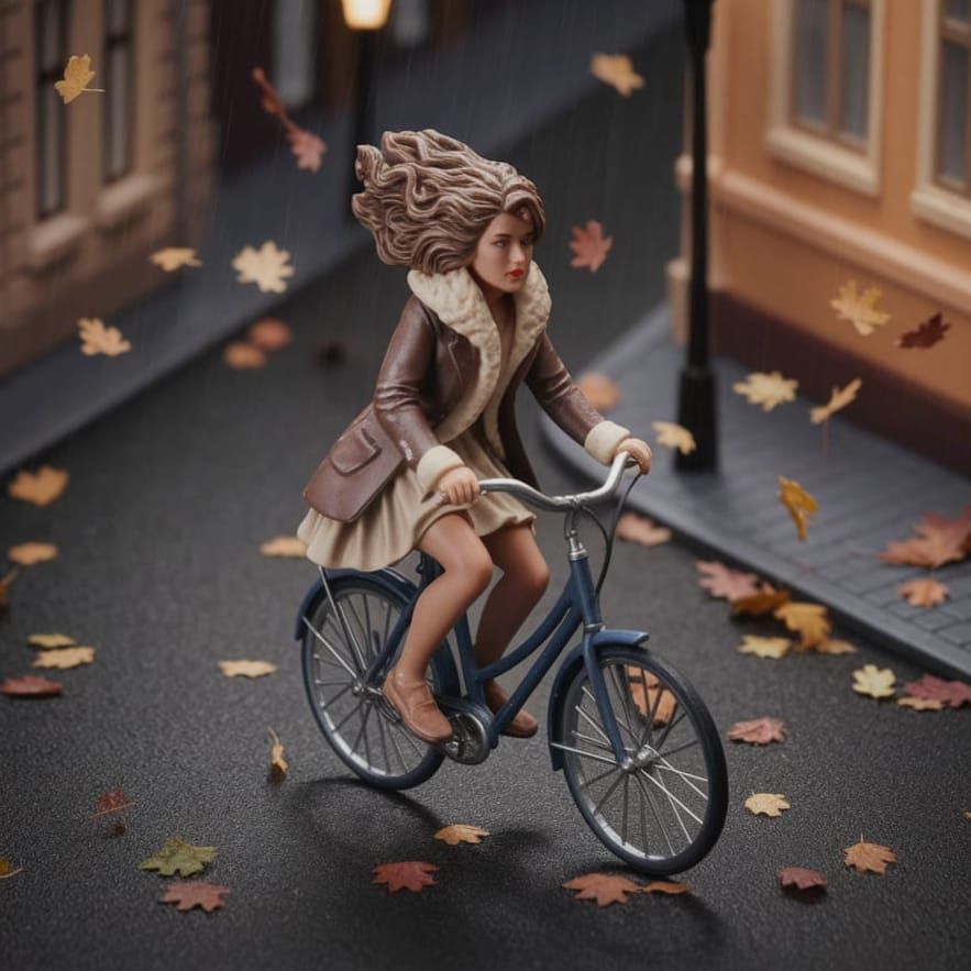 Autumnal miniature scene featuring a woman riding on bicycle during a heavy autumn storm, no. 3