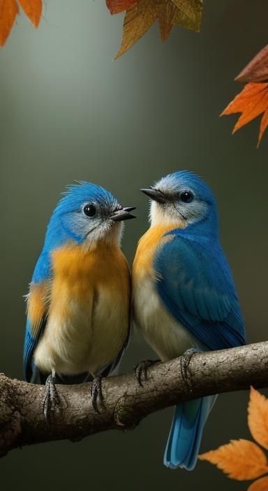 a blue bird family of four sits in a tree in the forest in t...
