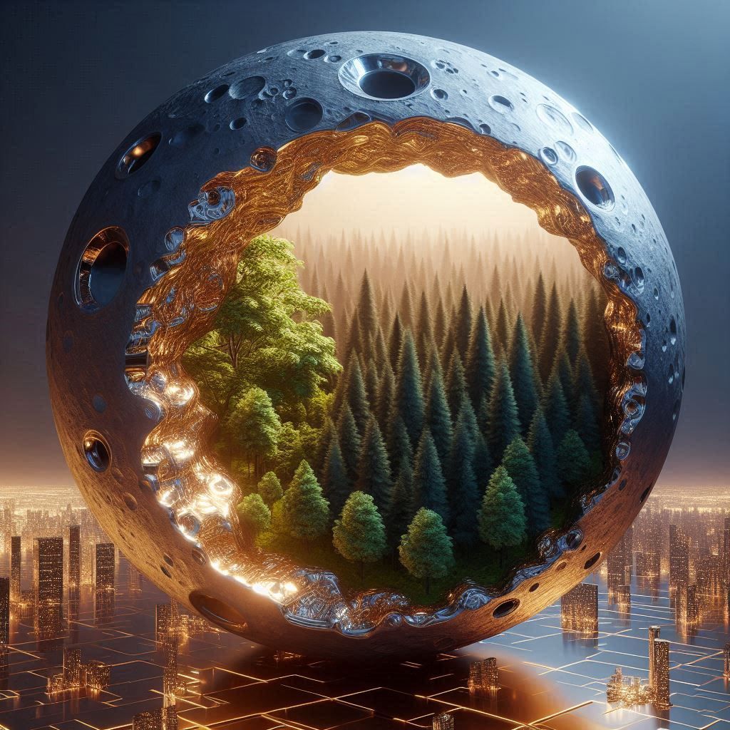 Metallic moon portal. From metallic world to real world