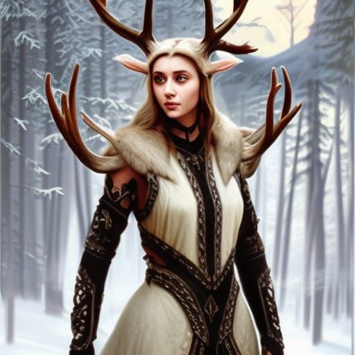 Elvish princess with deer antlers mounted on large elk in an old forest ...