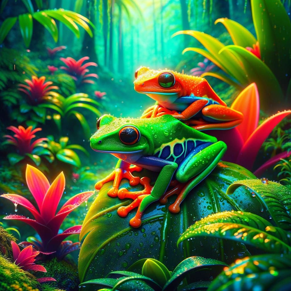 Neon green, neon orange frogs  by @Amber Alder