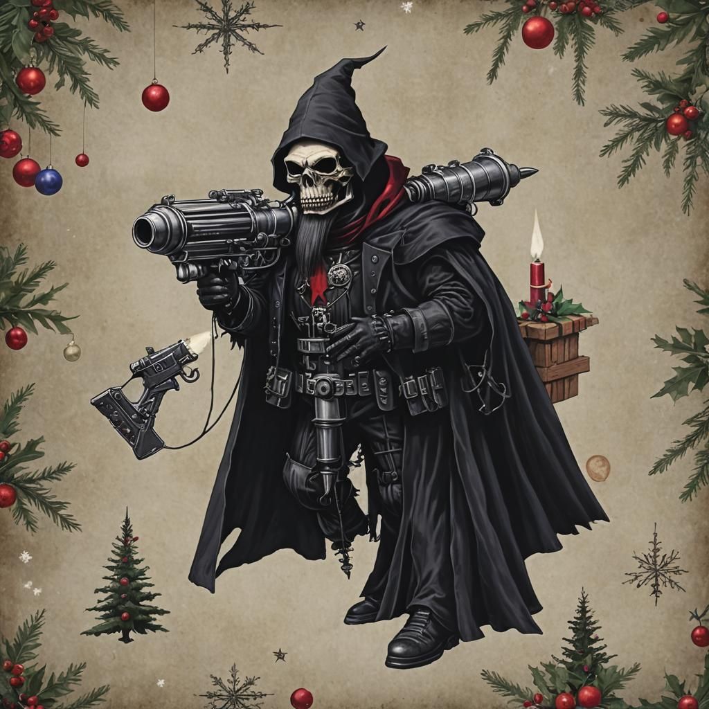 Gothic Figure Shoots Santa with Raygun