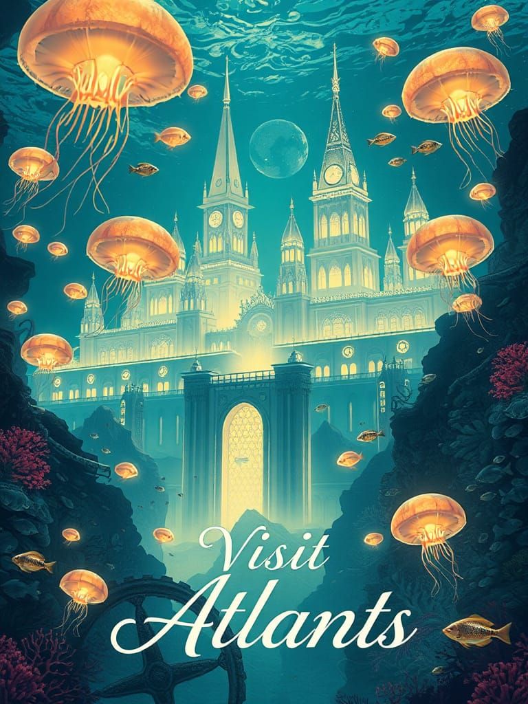 vintage travel poster, atlantis fantastic mystic city under water, text saying "Visit Atlantsi"   by @undefined