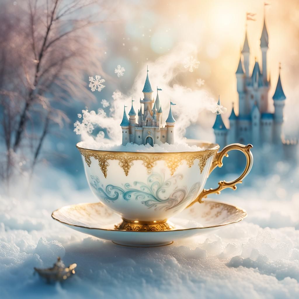 A vintage-style teacup with a landscape forming on its surfa...