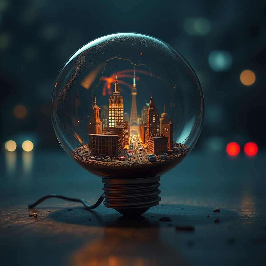 Miniature City Inside Broken Light Bulb