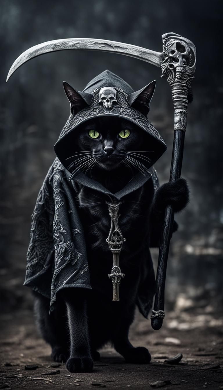 A black cat with white facial markings like a skull dressed as the Grim ...