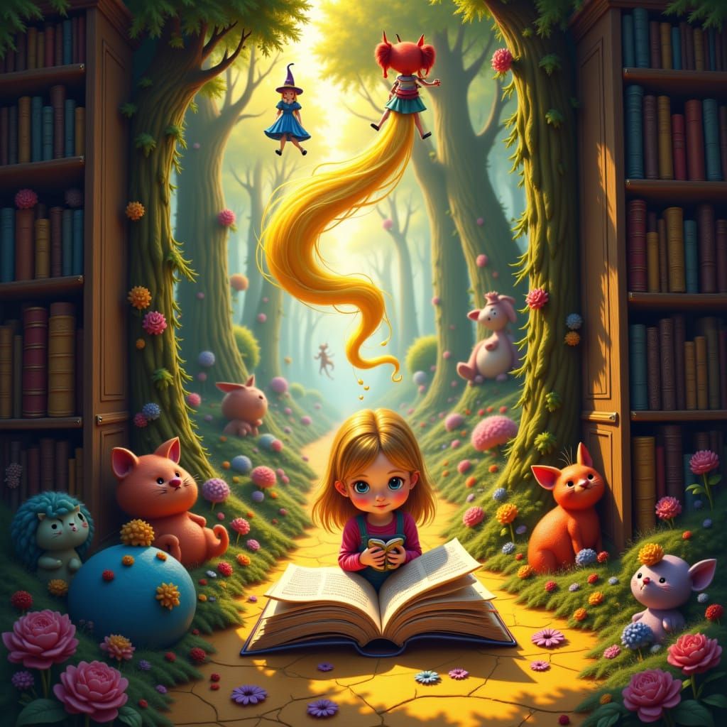 in a library a little girl reads a book about <lora:Wonderland:1.0> which comes to life before her eyes