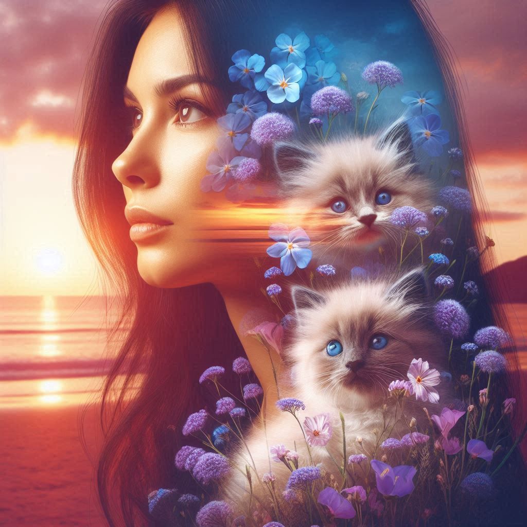 double exposure woman cats sunset
