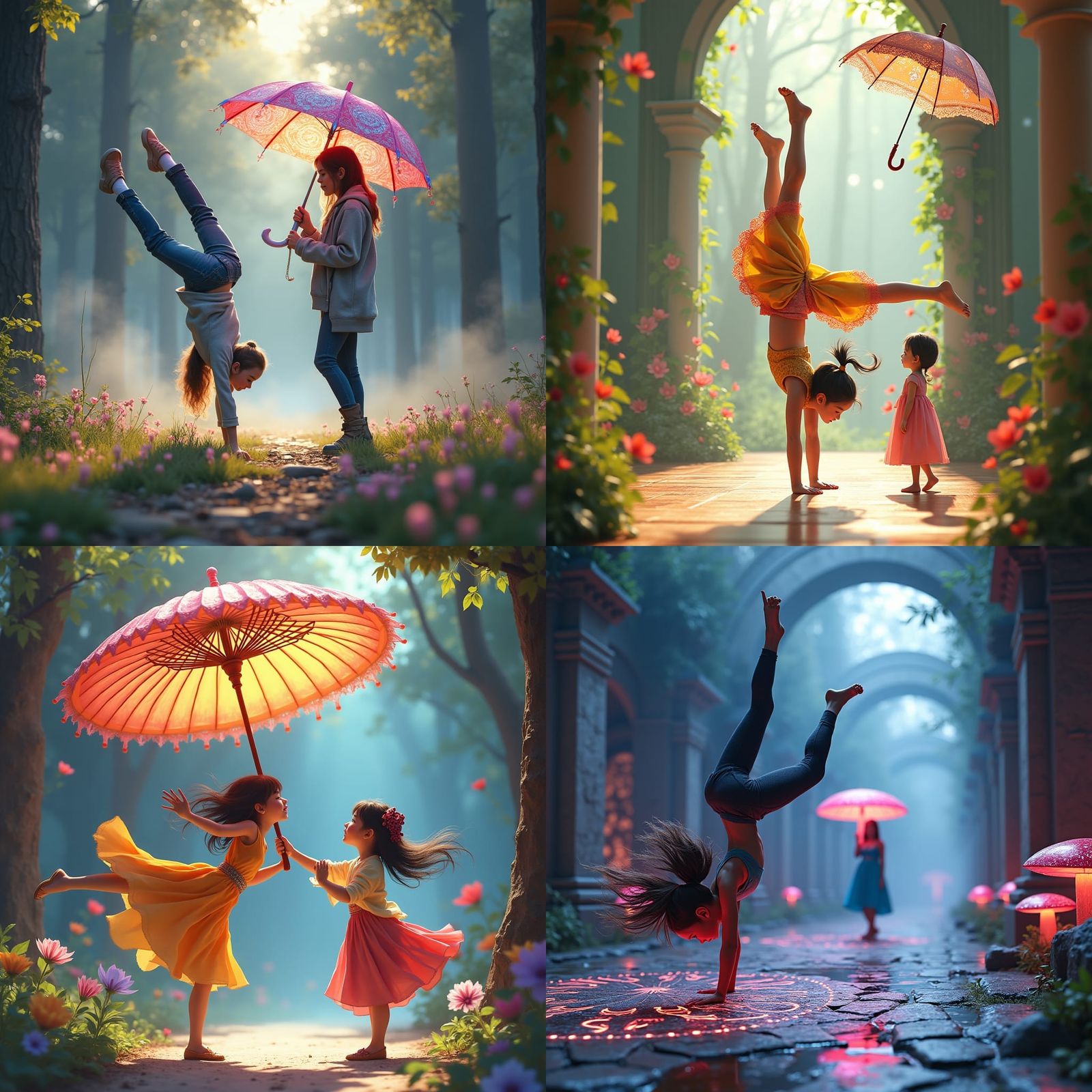 A girl doing a backflip on the floor. Anther girl with an umbrella