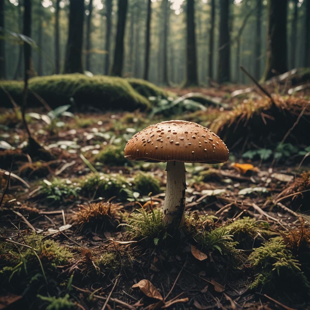 Single Mushroom Cinematic film still, shot on v-raptor XL, film grain, vignette, color graded, post-processed, cinematic...