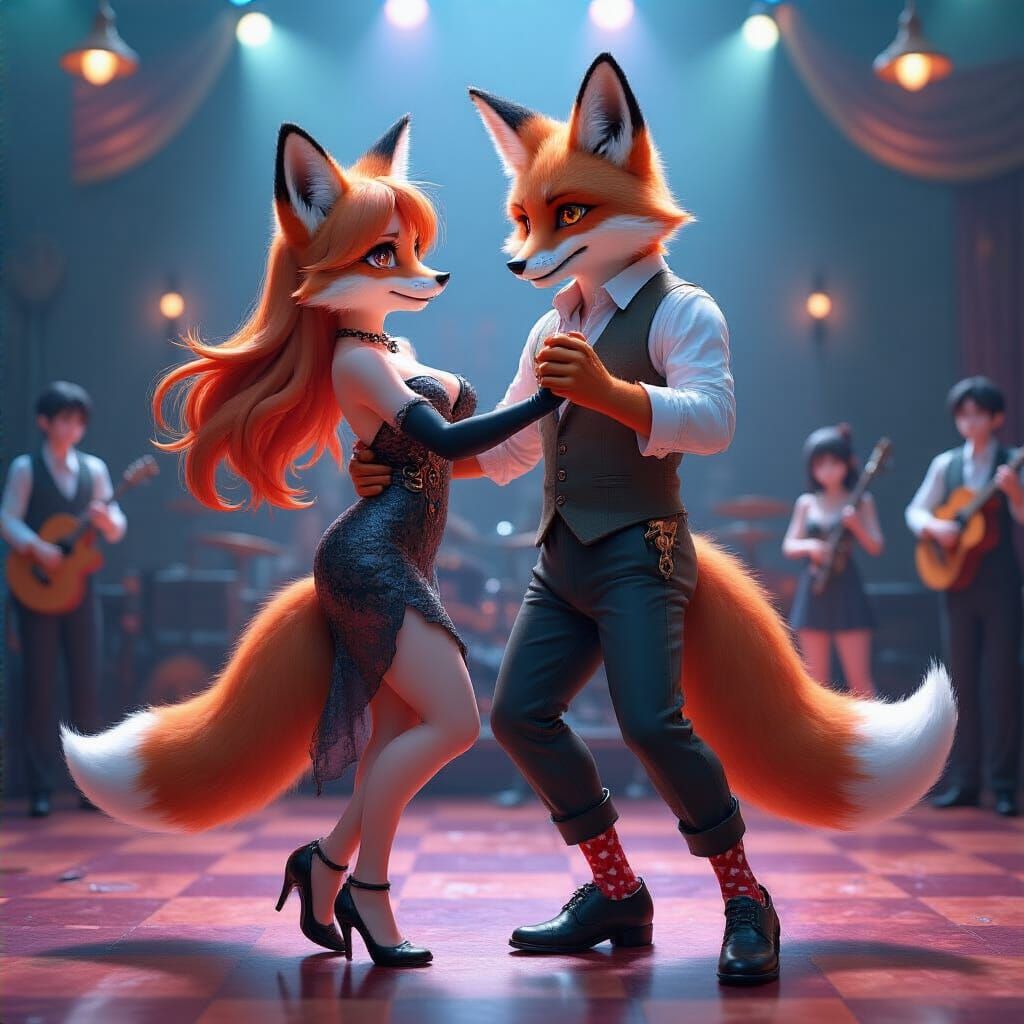 They are dancing a lively foxtrot to the music being played by the band