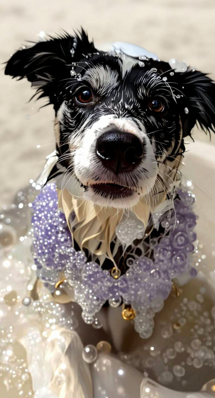 Great a pic of my dog having a bath and looking very regal that I can use as artwork in my bathroom. 