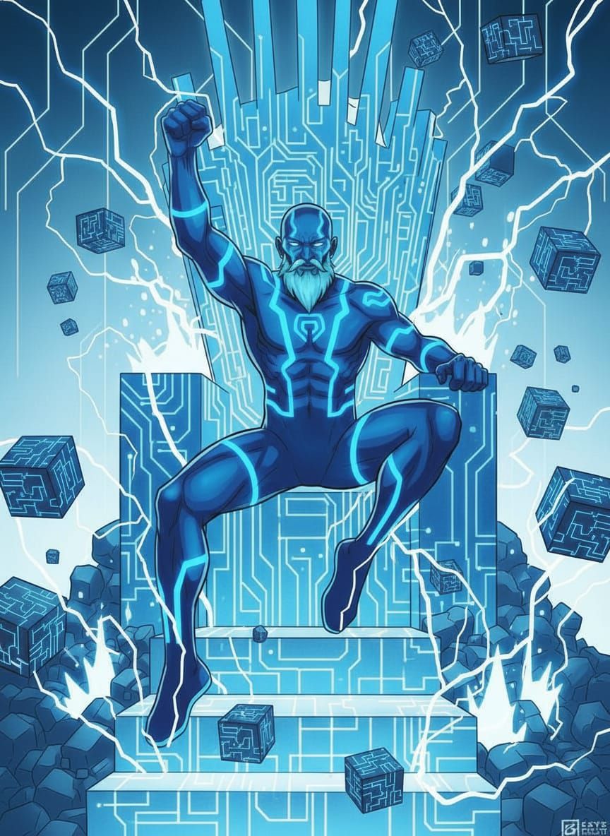 blue bald long bearded cyan humanoid with simplistic hero techno stripe lines on body, one fist up, wearing body suit, sitting midair in her...