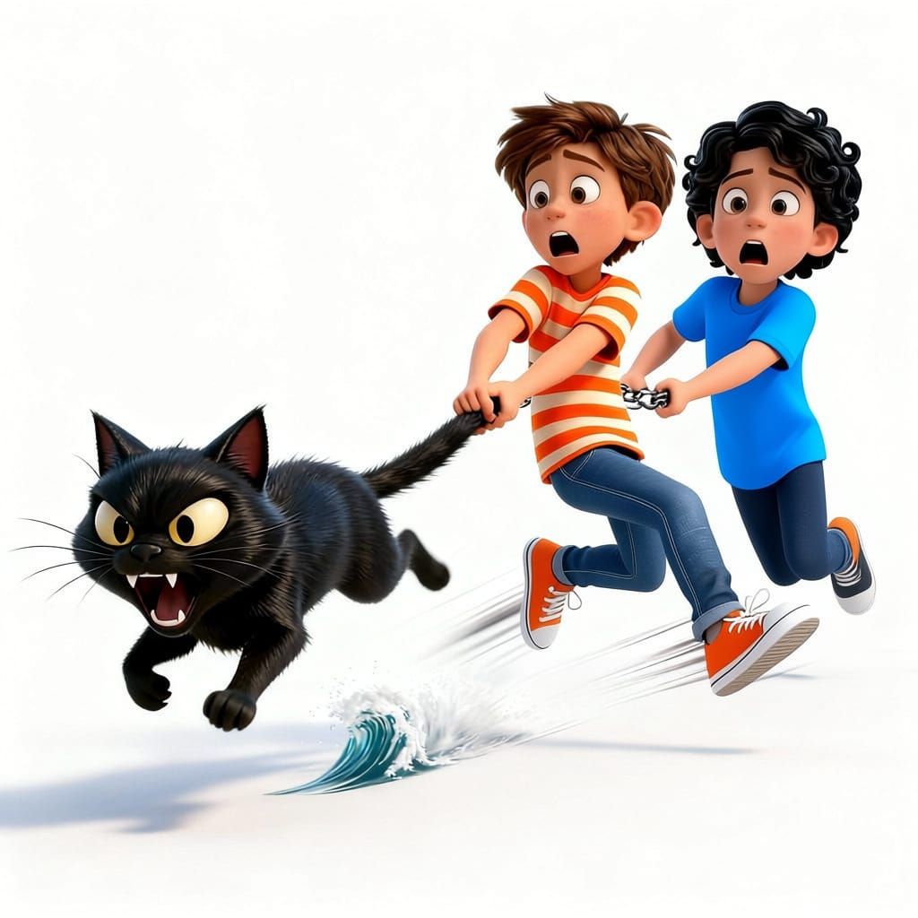 High quality 3D Pixar animation style cartoon scene showing three characters in chain formation: 

Character 1 (front): Sleek glossy black c...