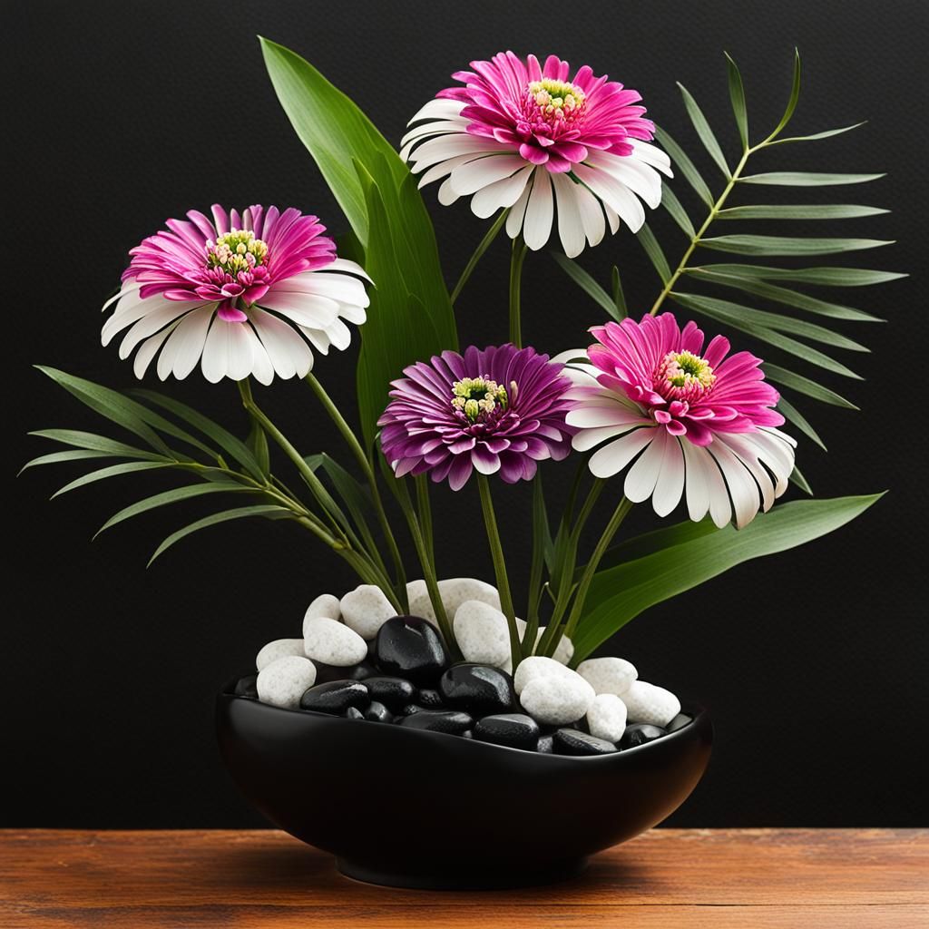 Ikebana Art with Zinnia Flowers in 3D