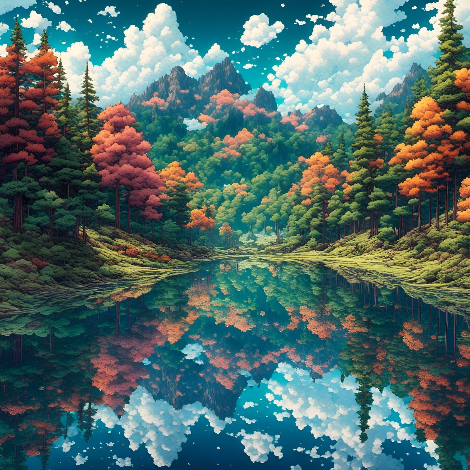 <lora:sheesh:1.0> | lake-reflecting-clouds | mountain-landscape | forest-cosmic-BACKGROUND | horror | anime | comic | maximalist | 8k resolu...