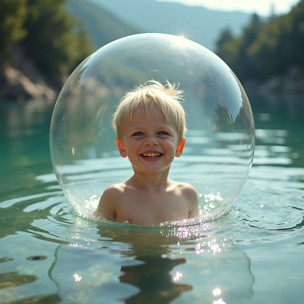 Boy in Bubble: Serene Aquatic Portrait