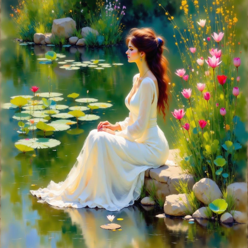 <lora:Impressionist Style:1.0> Serene woman sitting by a peaceful pond with glowing lotus flowers floating on the water,, impressionist styl...