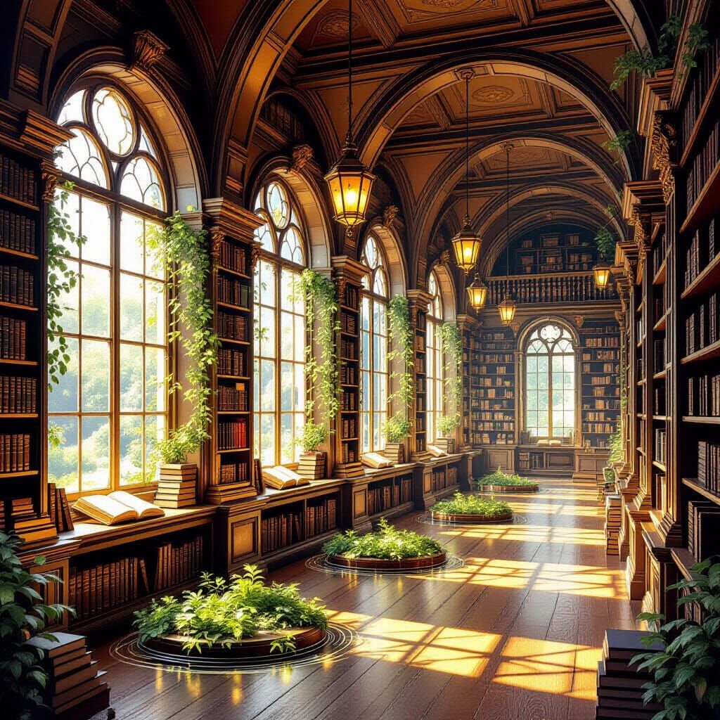 Glowing Books in a Serene Library, Watercolor Style