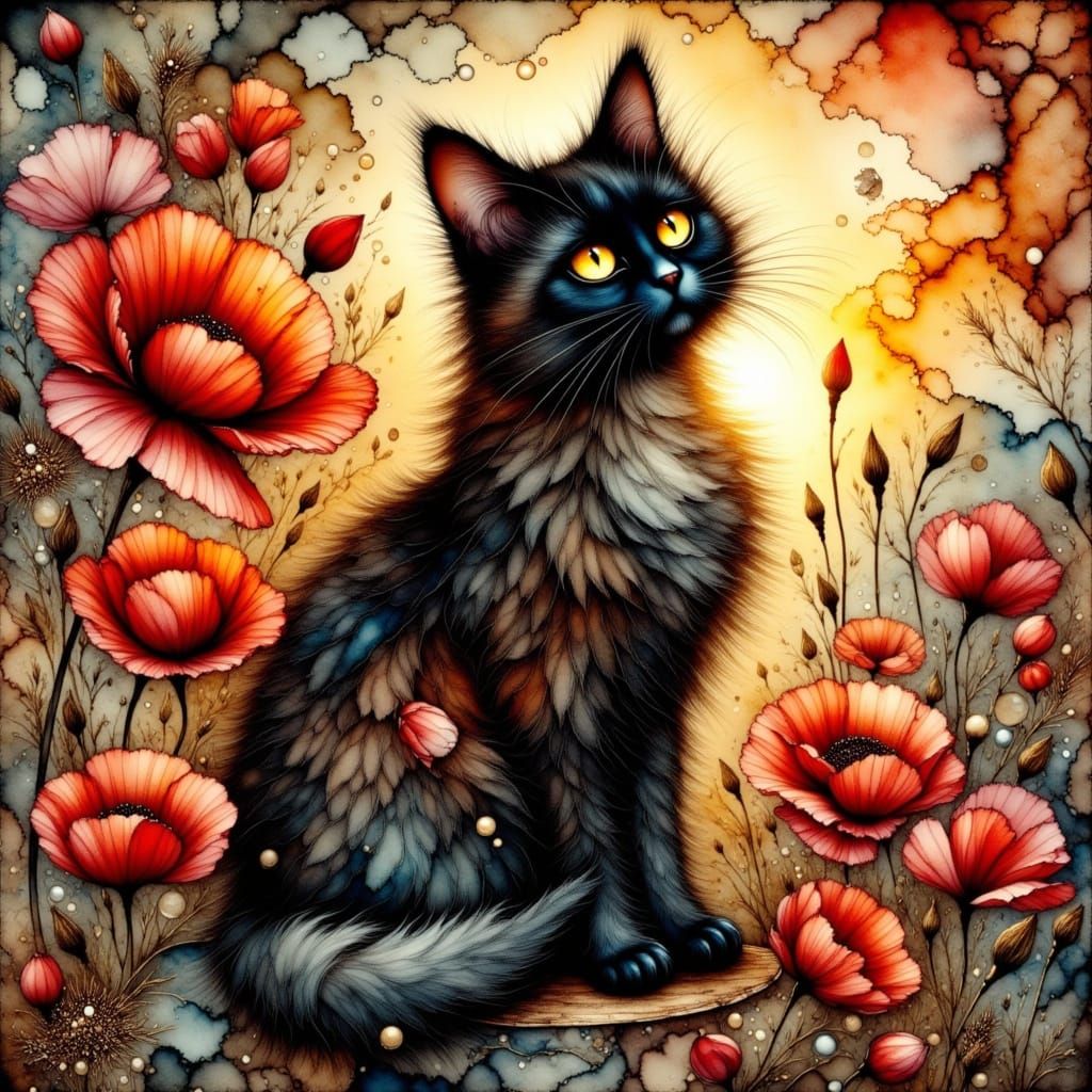 Whimsical Victorian Cat Amidst Glowing Poppies in Antique Wa...