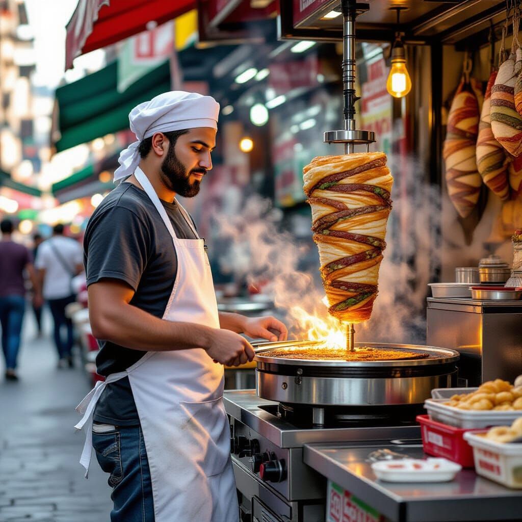 Shawarma Vendor in Vibrant Market, Digital Painting Style