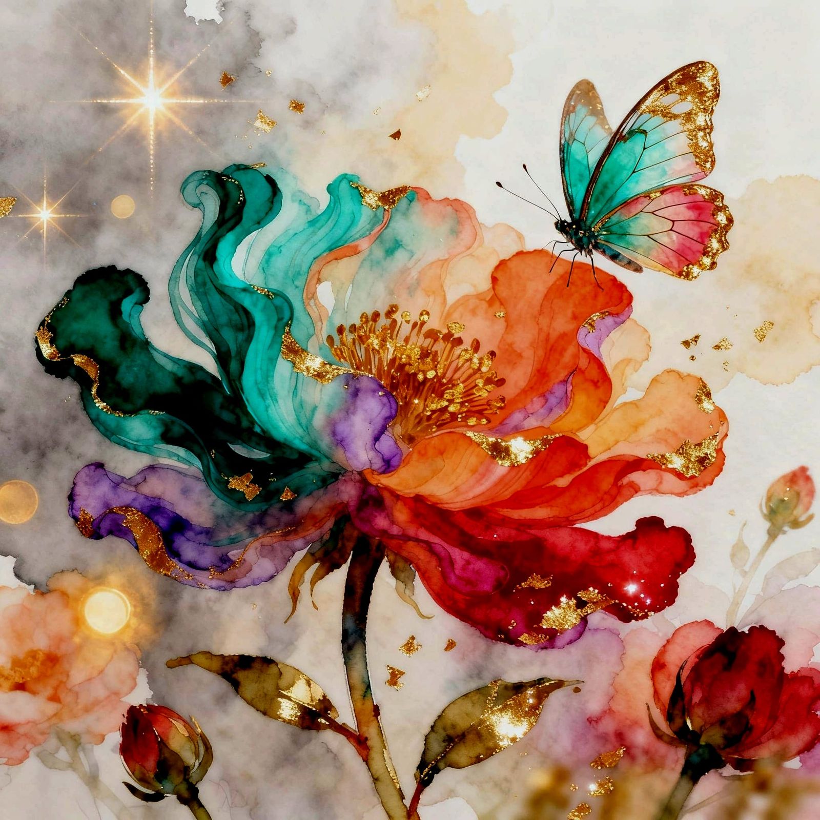 Ethereal Flower and Butterfly with Gold Leaf