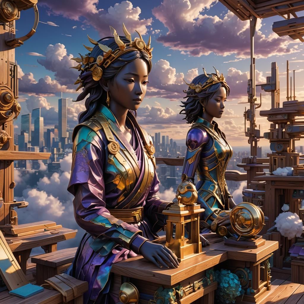 Wood sculpture with stunning details Triadic colors. Dramatic contrast