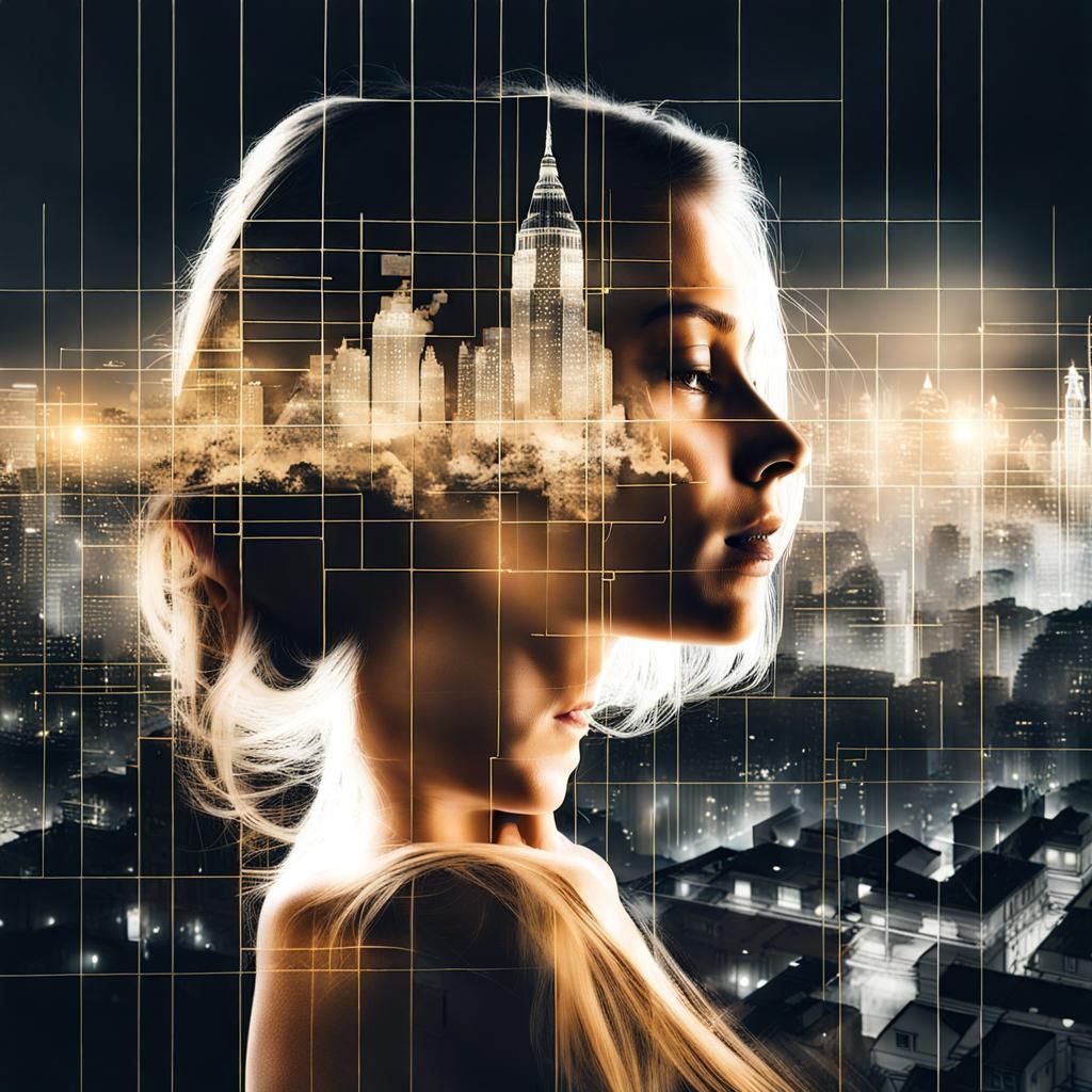 Double exposure of a city by night and a woman's face.  by @undefined
