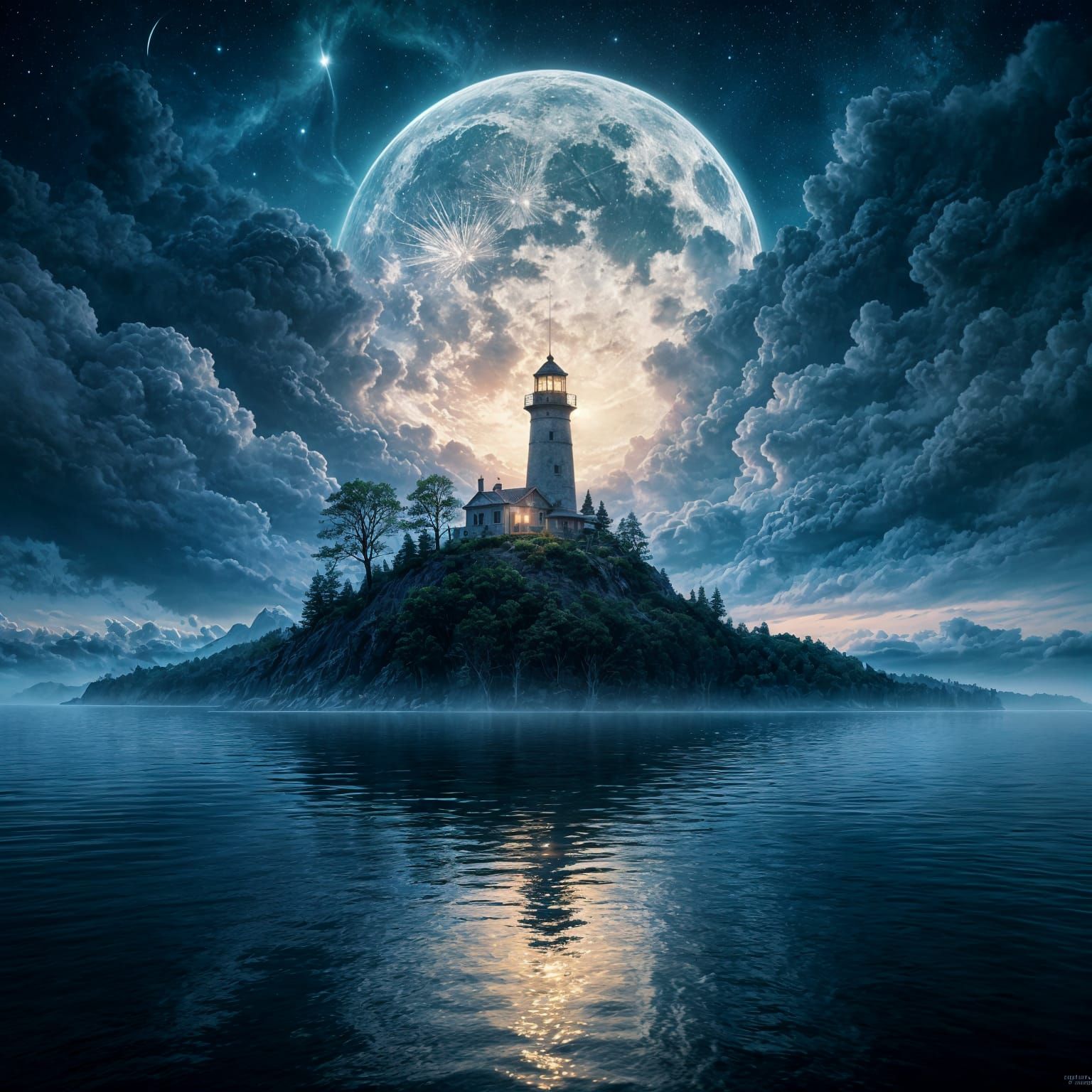 evening lake with an island in the middle.  on the island there is a lighthouse that illuminates the ...  by @Zhopen