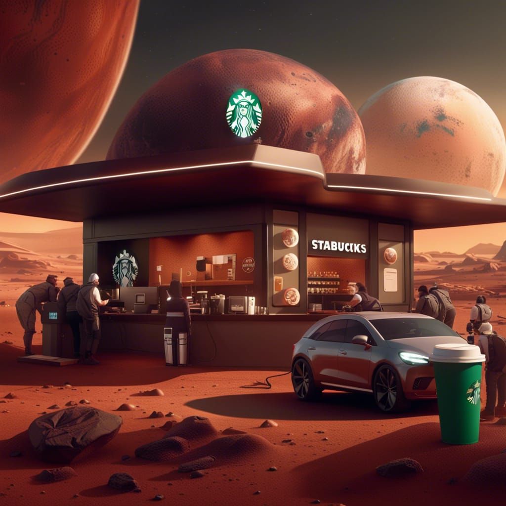 Starbucks on mars with people ordering coffee in the drive t...