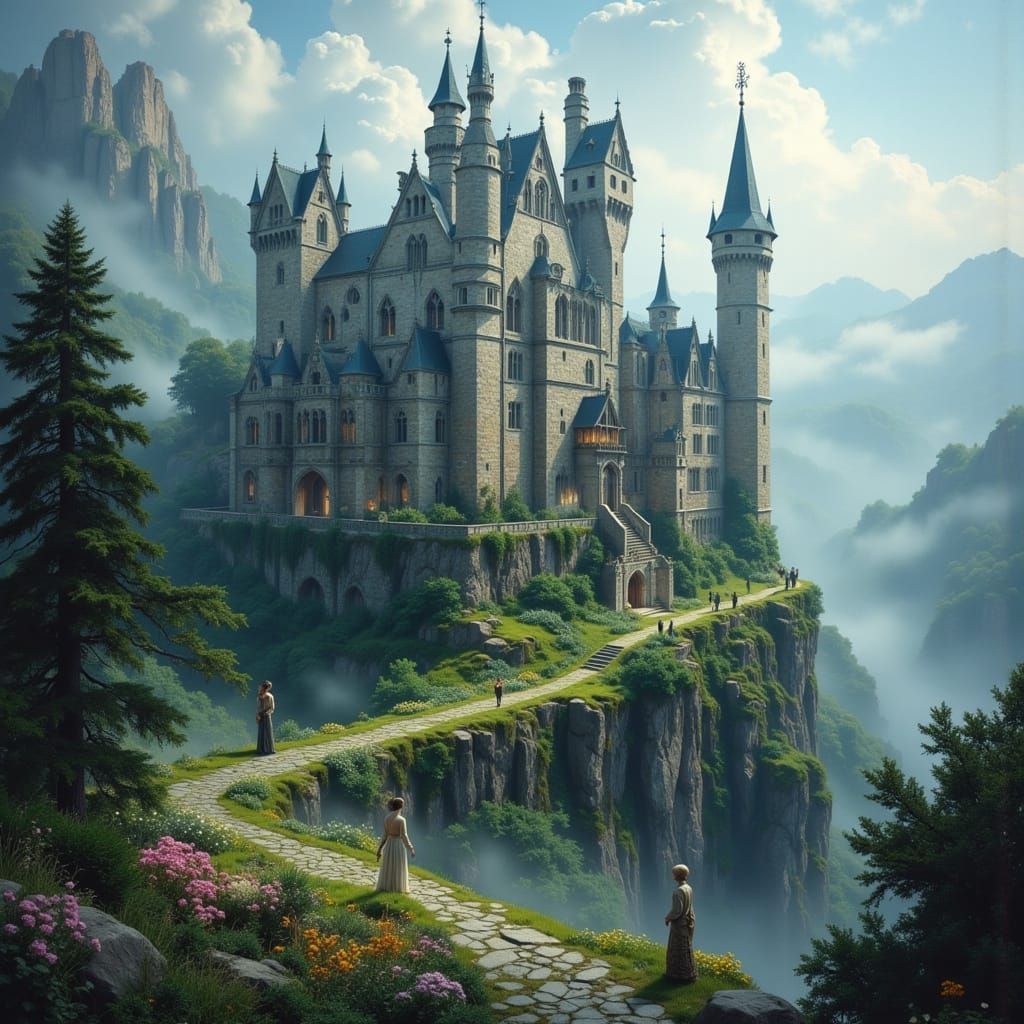 Elven Castle in Mist with Fairies, Divine Oil Style