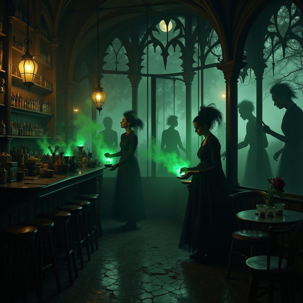 <lora:Hints of Red Gold:1.0> A dimly lit, spooky coffeehouse on a moonlit night, with spectral baristas serving drinks that emit an eerie gr...