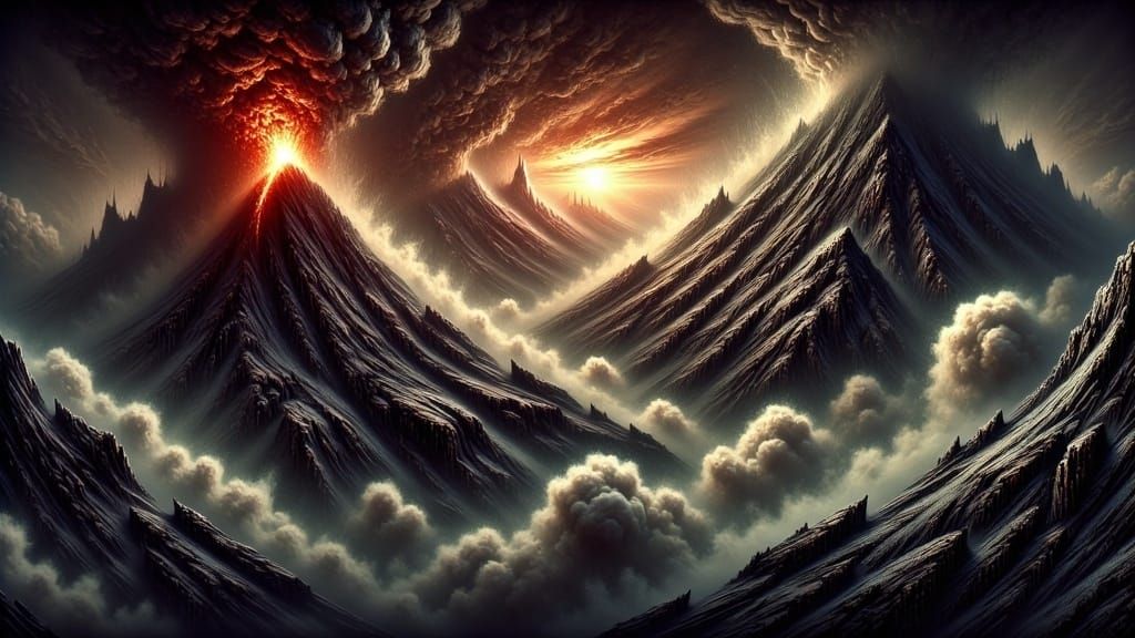 <lora:Dark Expressionism:1.7> An image of Mount Doom in Mordor, a haunting and unforgettable quality, very intricate, only color coming from...