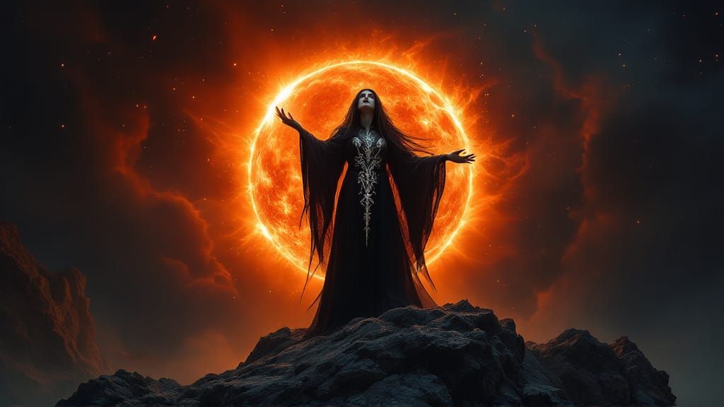 A witch holding her hands up around an eclipse in the sky. H...