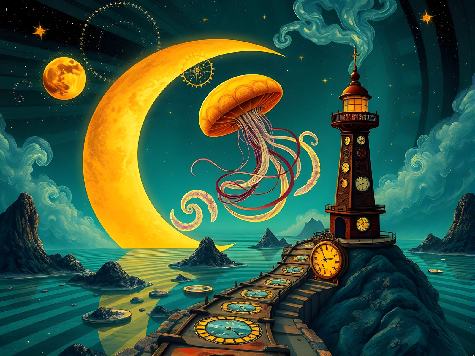 Ultra surreal, giant yellow-gold steampunk crescent moon,  cosmic starry jellyfish, infinite road to ...  by @tsahel