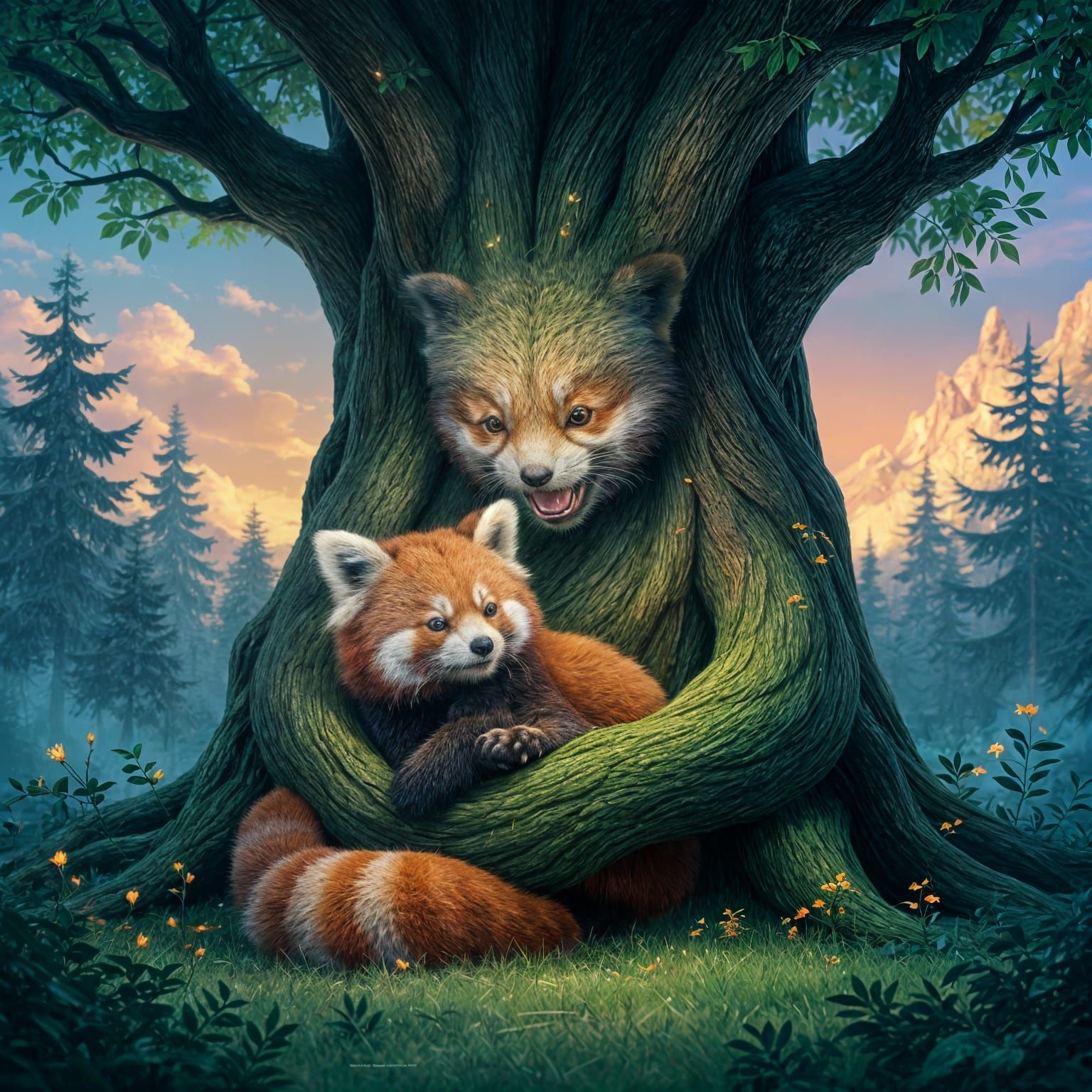 A red panda, depicted with hyper-realistic fur texture, is gently cradled by a giant, ancient tree spirit whose bark glows with soft, vivid ...