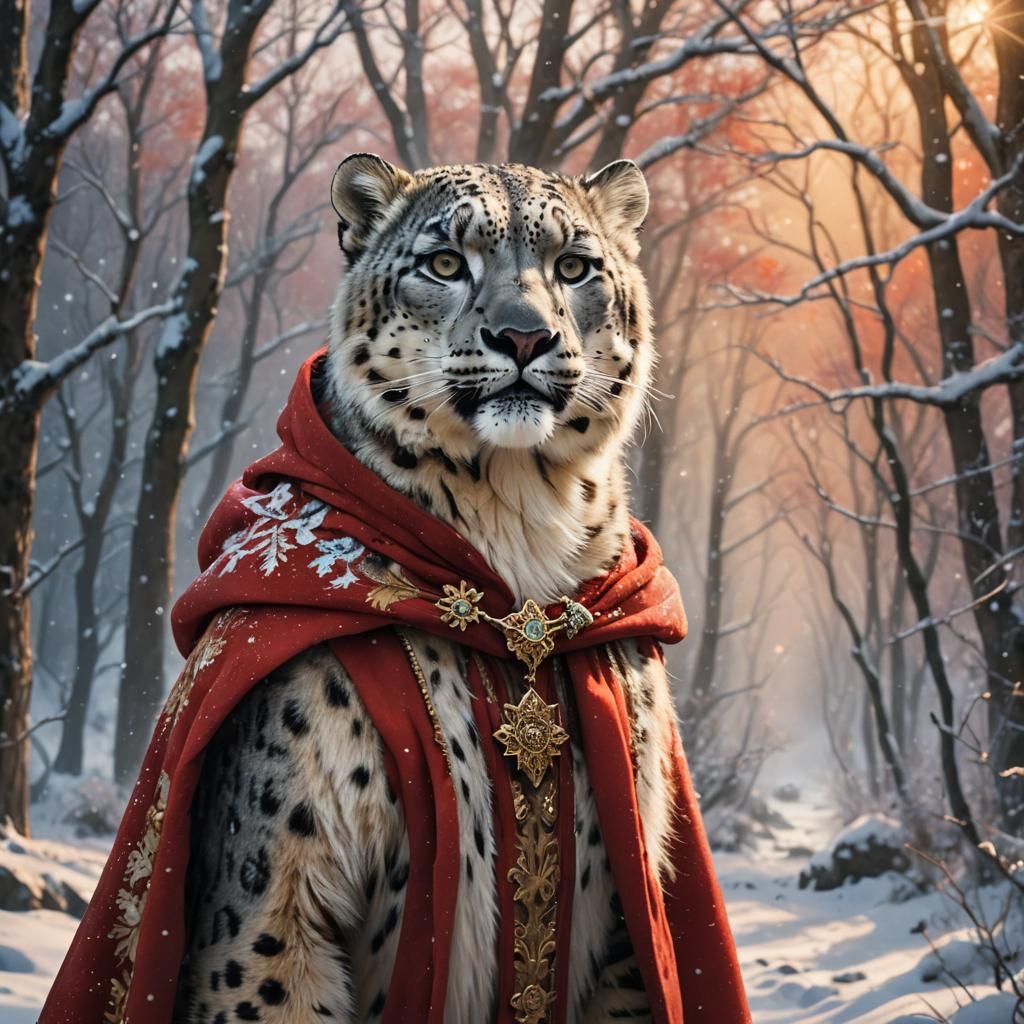 A sentient lynx, snow leopard, anthropomorphic, wearing a re...