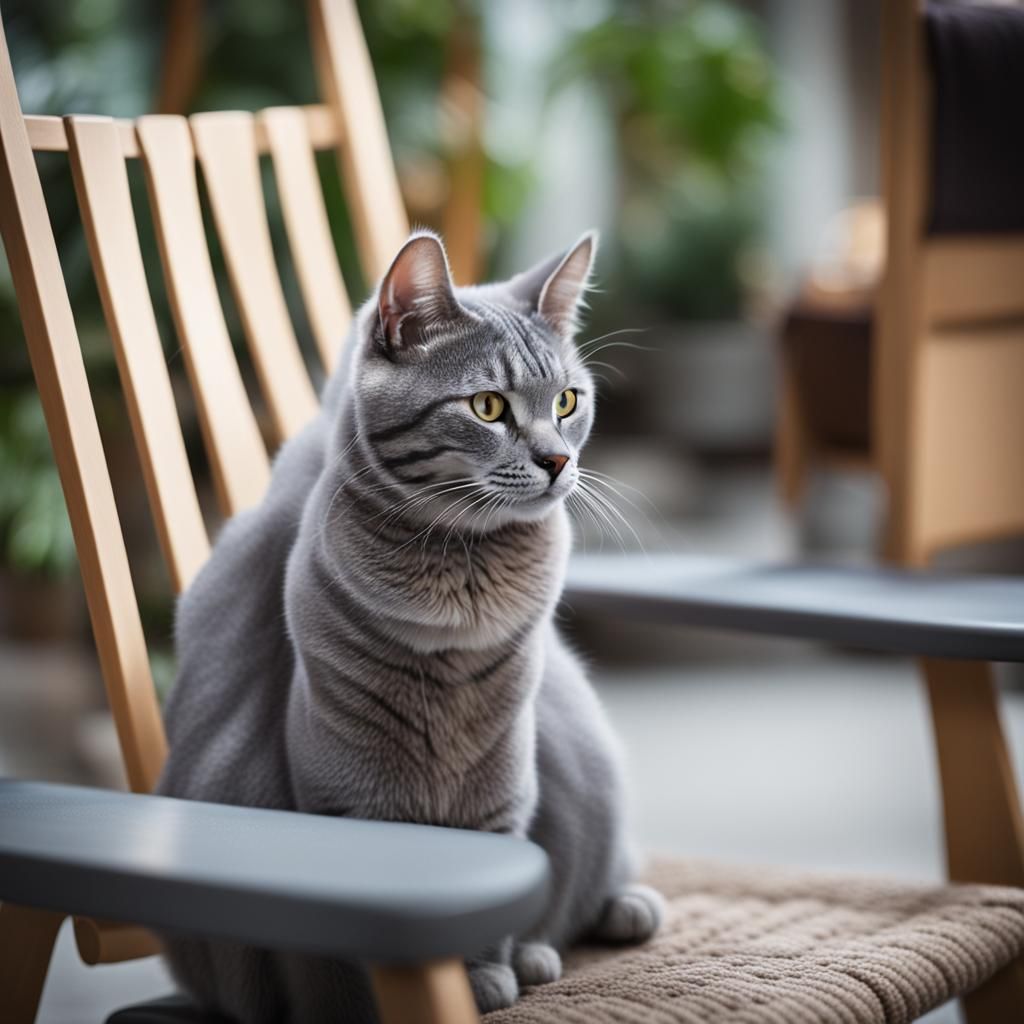 There is a gray cat sitting  on the chair.