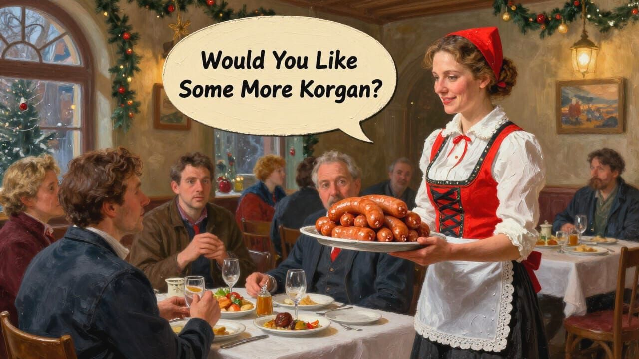 German Waitress Serving Sausages in Festive Restaurant